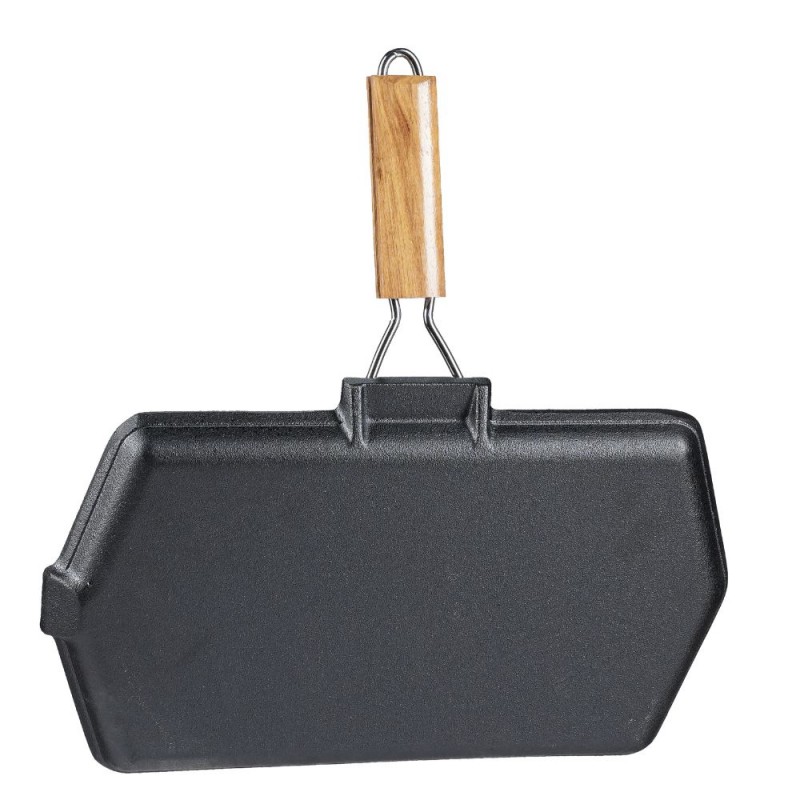 Öntöttvas grill serpenyő lehajtható fa nyéllel, 35x21 cm | Öntöttvas grill serpenyő | Öntöttvas serpenyő |